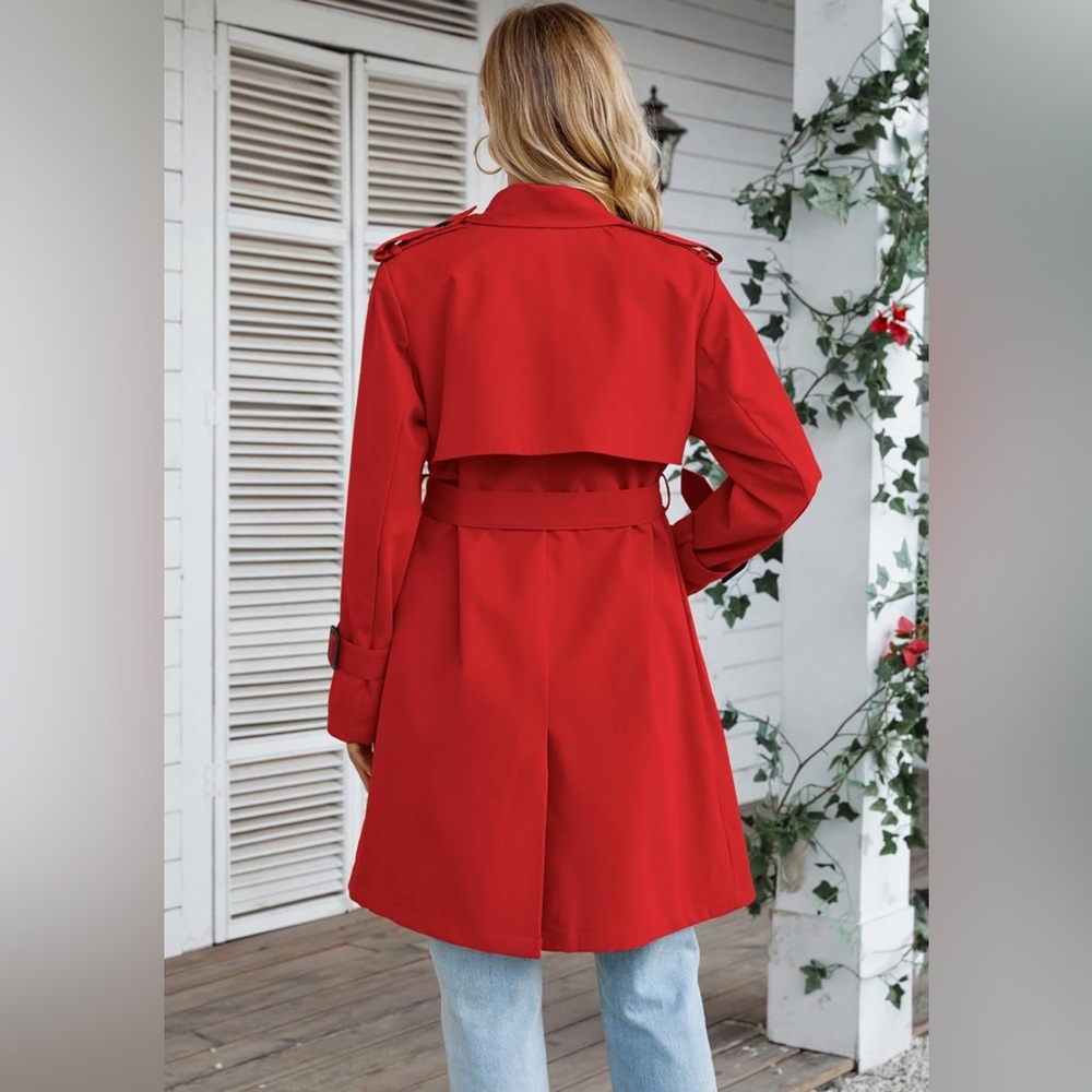 Trench Coat Size Large Women Long Red Jacket Belted New - Picture 3 of 4